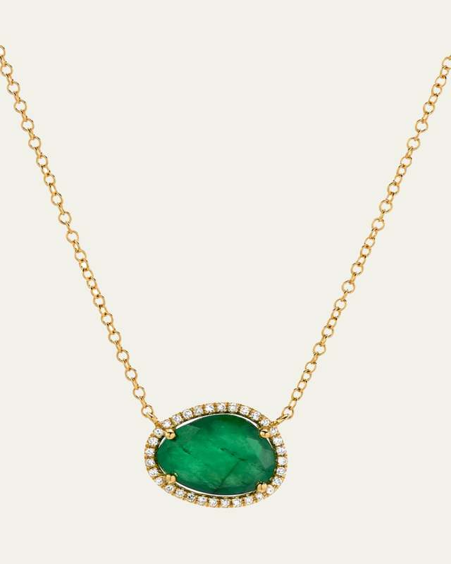 14K Yellow Gold Diamond and Emerald Necklace, 16-18"L